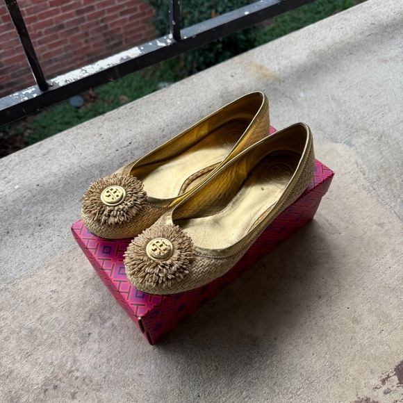 Tory Burch Ballet Flats Straw Size 9.5 Gold Women's Shoes - Picture 2 of 7